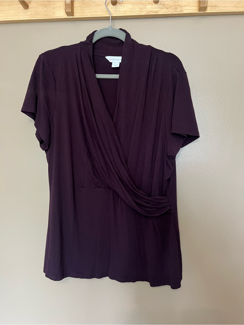 Liz Claiborne Plum Draped Surplice Short Sleeve Top